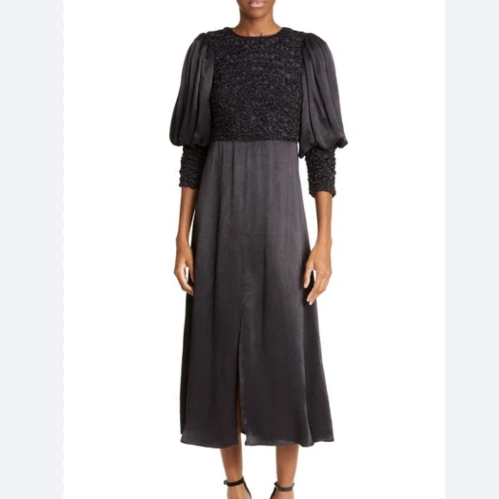 Bytimo Smocked Satin Organza Midi Dress Size Xxs Feminine In Black Women Boho